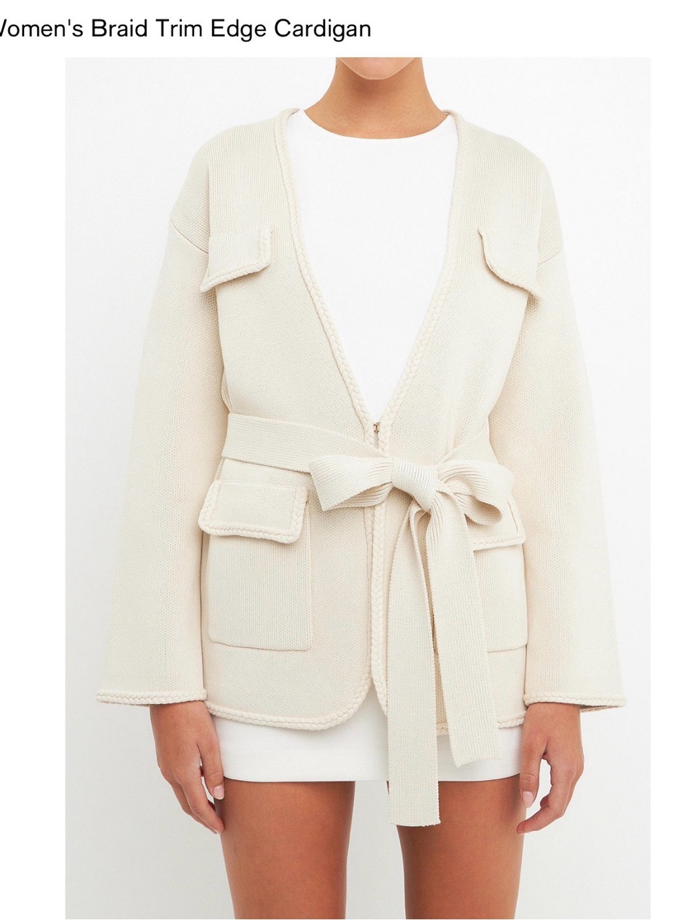 Belted Braid-Trim Cardigan Sweater - Cream